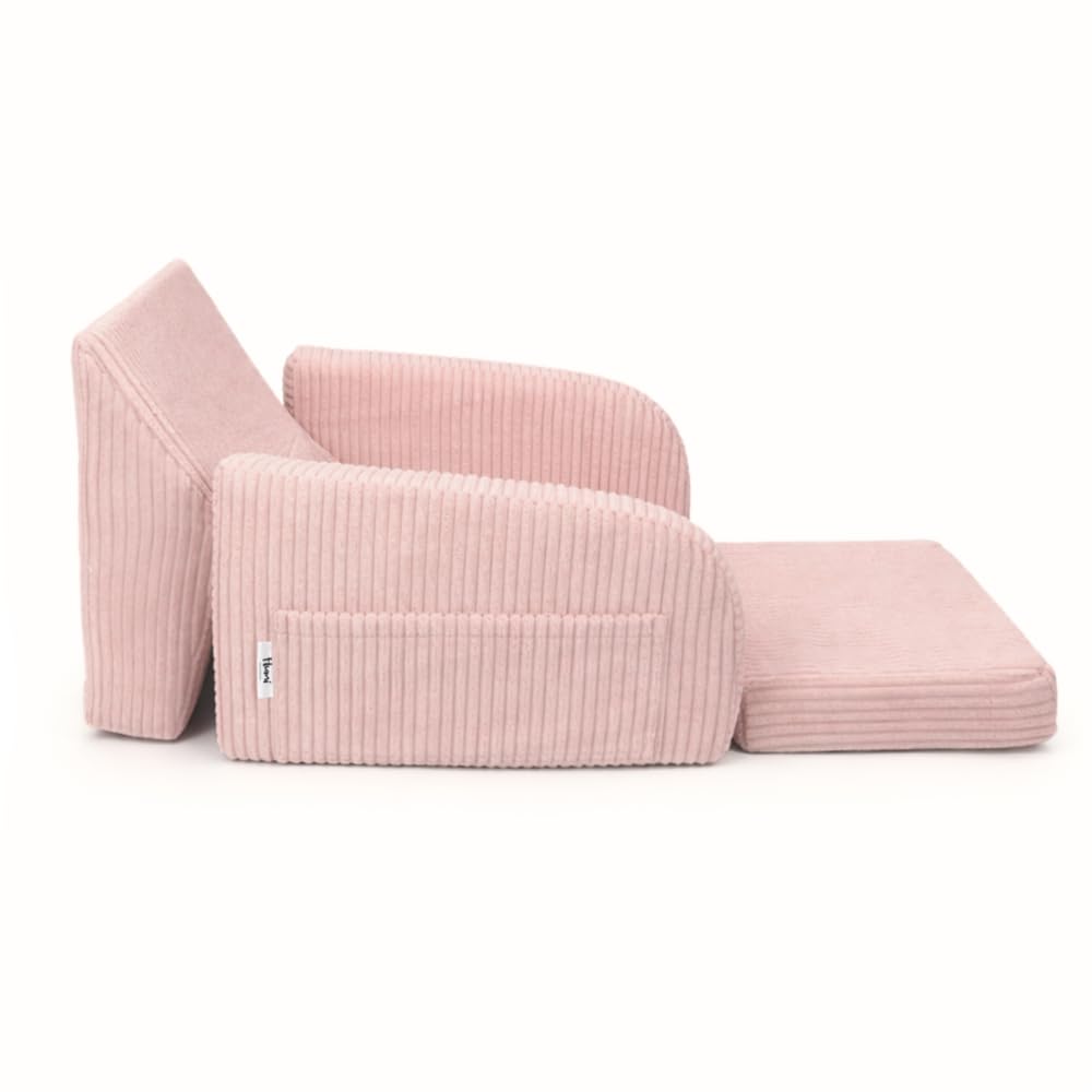 Flumi Kindersessel klappbar personalisiert mit Namen, Kindersofa ausklappbar mit Liegefunktion, Kinder Couch für Kinderzimmer (Cord rosa)