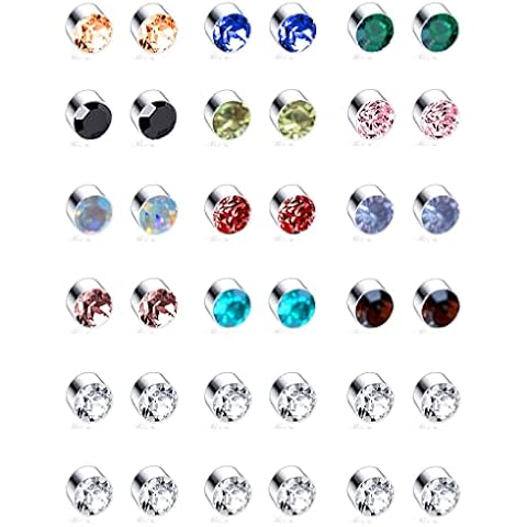 Ofeiyaa 18 Pairs Magnetic stud Earrings Colors CZ Earrings Set Fake Earring Jewelry Clip on No Piercing Earrings Studs for Women Men 4MM 6MM Cover