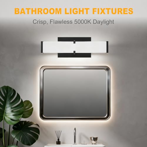 Image of Bathroom Lighting Fixtures Over Mirror: ETL Certified 24 Inch Black Modern LED Vanity Lights 5000K Cool White IP44 - Dimmable Vanity Light Bar 2500LM with Clear Shade - Bathroom Light Fixtures