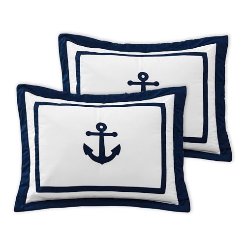 Image of Anchors Away Nautical Navy and White Boys 3 Piece Full / Queen Bedding Set