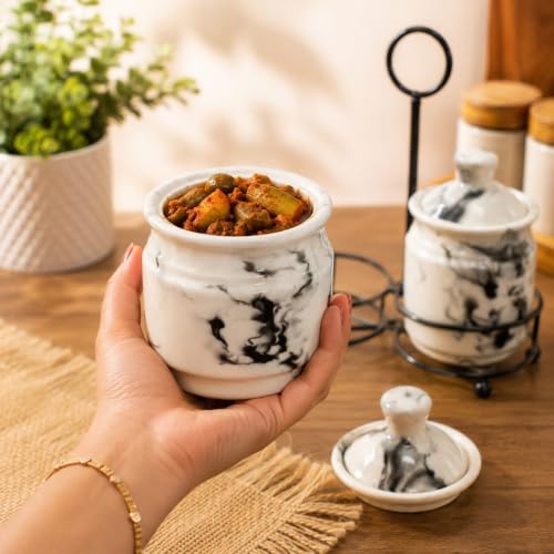 Image of Niyara Multipurpose Storage Ceramic Pickle set Jars & with Lid & tray (Set of 2, 300 ML) (MARBLE WHITE)