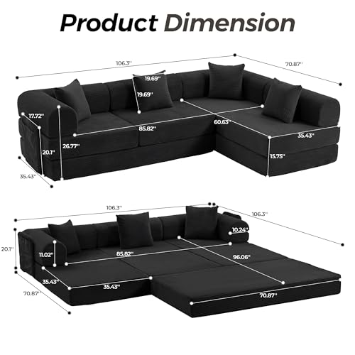 Image of 106 inch Modular Sectional Sofa Bed, L-Shaped Convertible Sleeper Sofa with Fixed-Shape Metal Frame, Oversized Corduroy Cloud Couch with Storage Pocket, No Assembly Couch for Living Room, Black