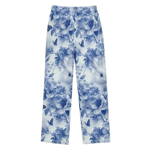 Blue Rabbit Flower Bunny Pajama Pants Long Sleep Pant Soft PJ Bottoms Sleepwear
