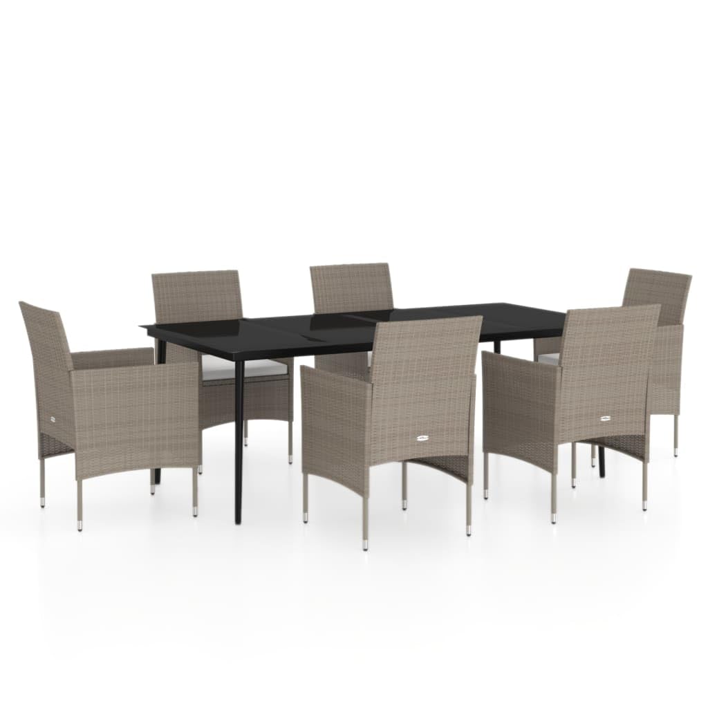 Set da pranzo da giardino in rattan sintetico, 7 pezzi, beige e nero, con 6 sedie e tavolo in vetro, per terrazza, balcone, giardino, cuscini inclusi