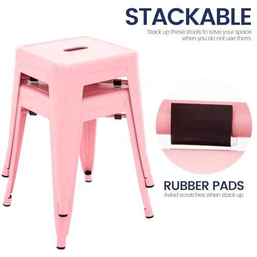 Image of Brage Living 18 Inch Industrial Metal Stools Set of 2, Stackable Classroom Stools, Backless Metal Dining Chairs for Indoor Outdoor, Kitchen Short Stools (Pink)