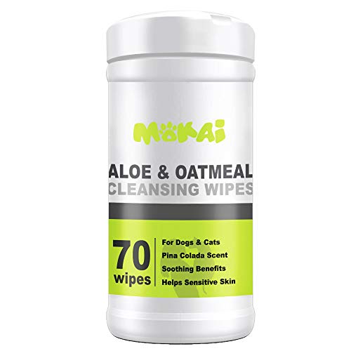 MOKAI Aloe & Oatmeal Grooming Wipes For Dogs and Cats | Pet Cleansing Wipes Used to Remove Dirt Dander Odor and Excess Hair from the Skin and Coat with Soothing Benefits for Sensitive Skin (70 Wipes)