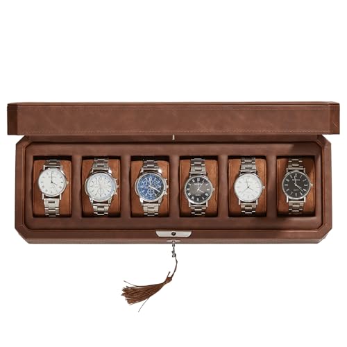 Homruilink Leather Watch Box for Men, 6 Slot Watch Display Case with Lock, Glass Lid, Removable Pillows, Velvet Liner, Father's Day Gifts