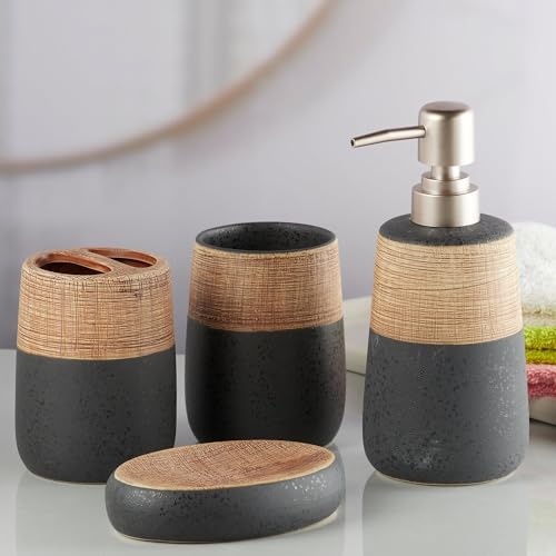 Image of SaSaSa Ceramic Bathroom Accessories Set of 4 Modern Bath Set with Soap Dispenser & Toothbrush Holder, Luxury Home & Gift Idea, Brown /Black (10262)