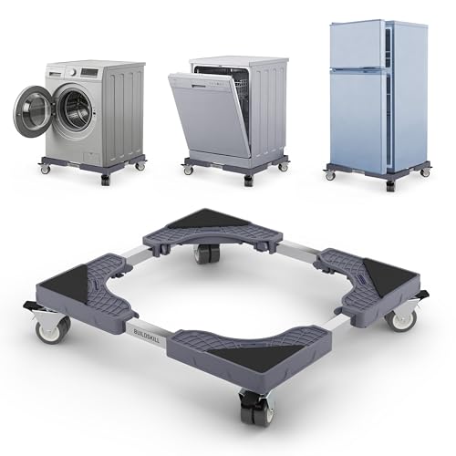 Image of BUILDSKILL 200Kg Washing Machine Stand Adjustable | SS Tubes | 360 Rotating Double Wheels with Lock | Absorbs Vibration | Anti-Skid Top & Front Load Washing Machine Trolley (Grey)