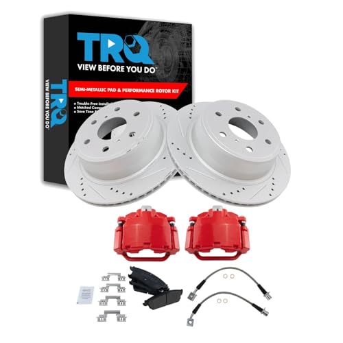 Image of TRQ Performance Rear Brake Pad and Rotor Set Semi Metallic Coated Rotors Calipers Compatible with 2007-2014 Cadillac Escalade Suburban 1500 Tahoe GMC Yukon 2007-2013 Yukon XL 1500 Chevrolet Avalanche