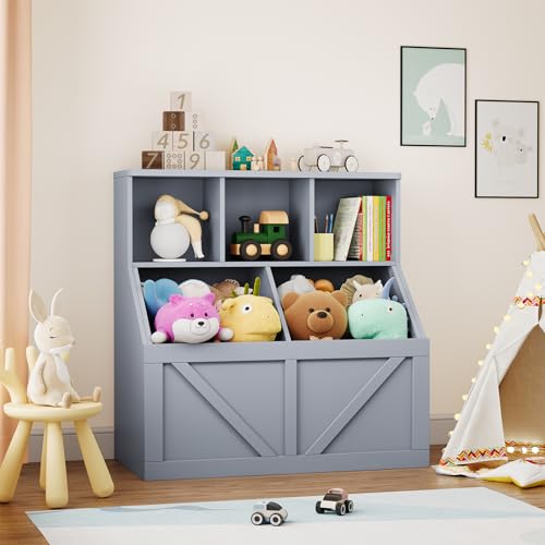 GarveeHome Kids Toy Storage Organizer, Kids Bookshelf and Toy Storage, Toddlers Bookshelf Toy Organizer for Kids Rooms Playroom Bedroom Nursery Daycare, Gray