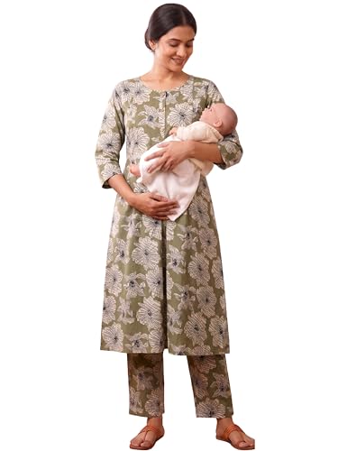 Image of RITIJYA Pure Cotton Feeding Kurta Pant Set for Women | Floral Anarkali Pregnancy Dress with Concealed Nursing Zipper Side Pocket | Pre & Post Partum | Maternity Dresses | Baby Shower Outfit