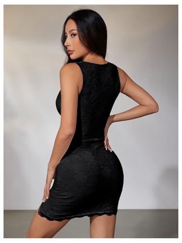 MakeMeChic Women's Fall Floral Lace Deep V Neck Mini Dress Sleeveless Split Hem Bodycon Dresses2