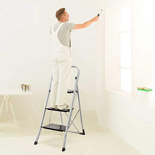 Delxo 3 Step Ladder Folding Step Stool Ladder with Handgrip Anti-Slip Sturdy and Wide Pedal 300lbs Multi-Use for Household and Office Portable Step Stool Steel 3 Step Stool Gray and Black Combo