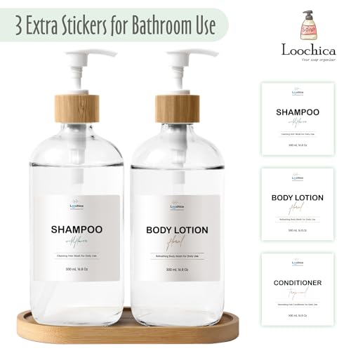 Image of LOOCHICA Clear Glass Soap Dispenser Set with Tray, Transparent Dish and Hand Soap Dispenser Set, Refillable Reusable Apothecary Soap Pump Dispenser Bottles for Bathroom and Kitchen