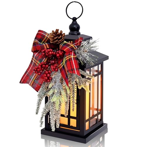 Vintage Candle Lantern with Flameless LED Light - Decorative Indoor & Outdoor Lanterns for Porch - Christmas (RED)