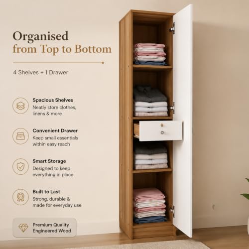Image of Echo Multipurpose 1-Door Wardrobe | Engineered Wood | 4 Spacious Shelves & Drawer | Lyon Teak & White Finish | Compact & Durable | Easy Knock-Down Assembly