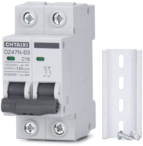 Chtaixi AC Miniature Circuit Breaker, 16 Amp 120V/240V 2 Pole DIN Rail Mount Circuit Breaker, Thermal Magnetic Trip, Solar AC Disconnect Switch MCB C16