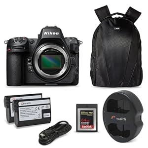 Nikon Z8 (45.7MP) FX Format Mirrorless Digital Camera Body with Waith Power Battery (2-Pack) + Dual Charger, 64GB Type-B Memory Card & Waith Backpack with Multiple Storage compartments Bundle Set