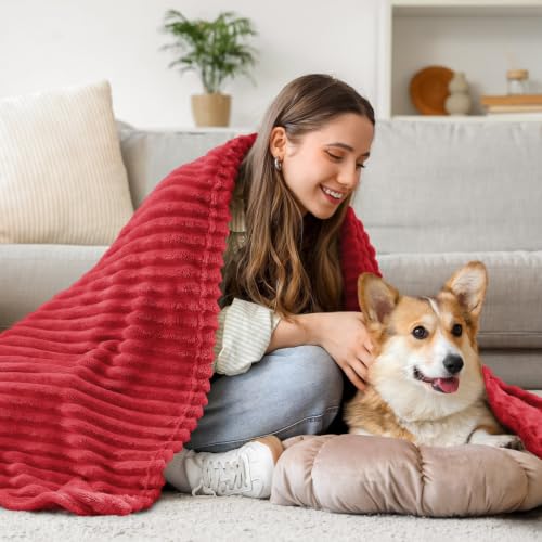 Image of BEDELITE 3D Ribbed Jacquard Red Fleece Throw Blanket for Couch, 50x70 Inch