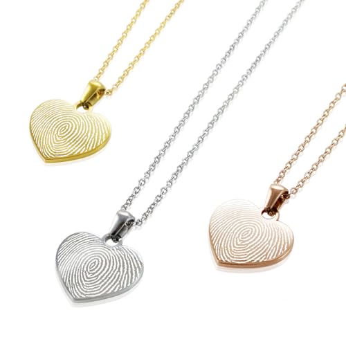 AnnBijoux Actual Fingerprint Heart Necklace Woman Engraved Fingerprint Jewelry Stainless Steel Heart Pendant Personalized Bereavement Memorial Charm