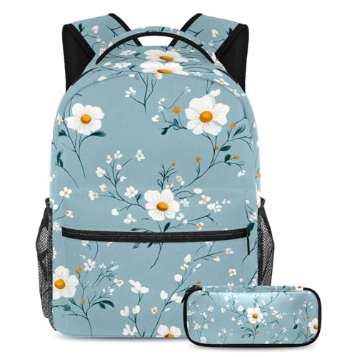 Cartables grande capacité sac à dos adolescents motifs fleurs blanches sur fond bleu
