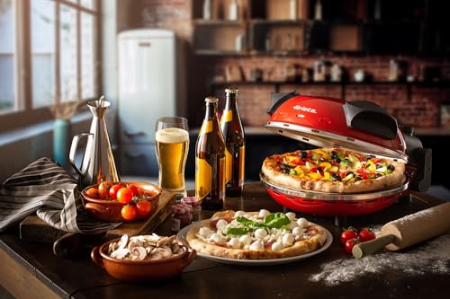 Ariete pećnica za pizzu 909, pizza 4 minute, pećnica za pizzu sa 5 stupnjeva pečenja, vatrostalna ploča za podgrijavanje, drvena daska uključena, max. temperatura 400°C, 1200W, crvena