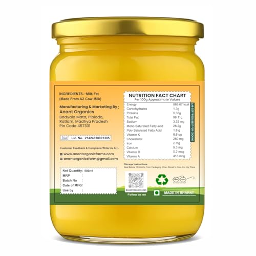 Image of Anant Organics Bilona Cow Hand Churned Vedic Method A2 Cow Milk Ghee Glass Bottle 500ml (500ml)