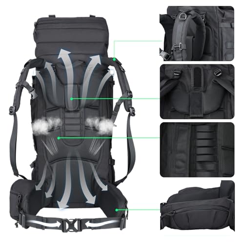 Zsearaymy Sac à dos de randonnée MOLLE 75 L avec cadre interne et housse de pluie pour tactique, camping, randonnée, voyage de survie (noir) – Image 5