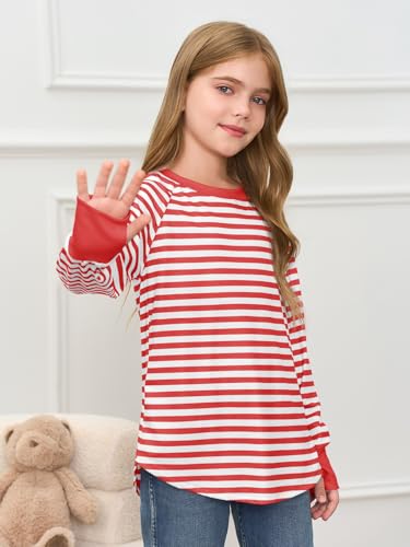 Image of Haloumoning Girls Striped Long Sleeve Shirts 5-14 Years | Thumb Hole, Crewneck, girls tops,Tunic Tops, Curved Hem Tees