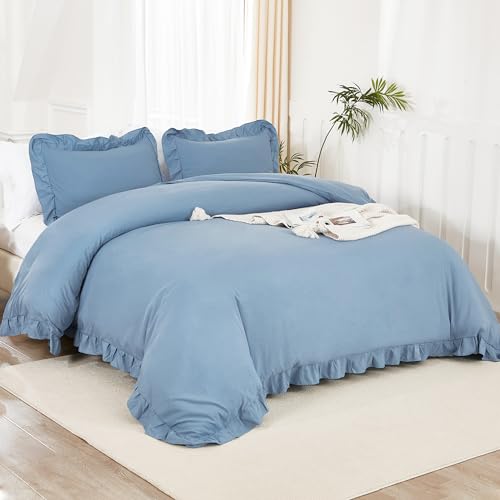 Image of Litanika Grayish Blue Full Size Comforter Sets, 3 Pieces Ruffle Farmhouse Aesthetic Bedding Comforter Sets, All Season Soft Lightweight Fluffy Microfiber Bed Set(79x90In Comforter, 2 Pillowcases)