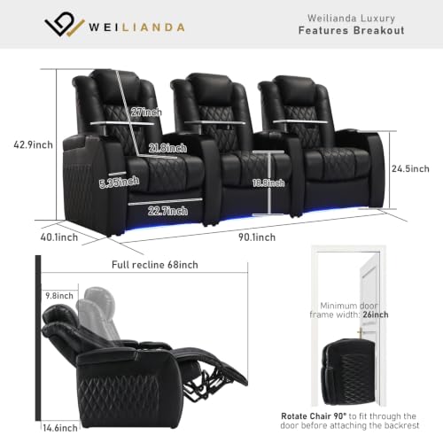 Image of Weilianda Home Theater Seating, Top Grain Leather Movie Theater Chair | Black Row of 3, Zero Gravity, Power Headrest, Tray Table, Electric Reclining Seat for Media Room