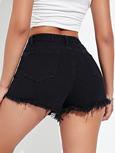 Image of Aahwan Blue Solid High Waist Ripped Raw Trim Denim Shorts Casual Summer Shorts for Women's & Girls