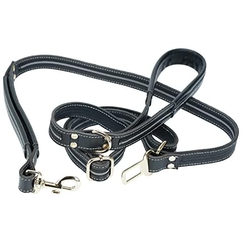 Leather Dog Leash Adjustable 5.4 - 6.5 ft - Reflective Double Handle Dog Leash with Car Seat Belt Buckle - Padded Traffic Handle - Strong Black Training Walking Lead for Large Breed Medium Dogs Cover