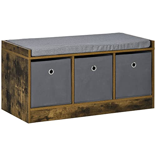 HOMCOM Banc à Chaussures Design Industriel - 3 tiroirs et Coussin Polyester Gris Inclus - Panneaux Particules Aspect Vieux Bois