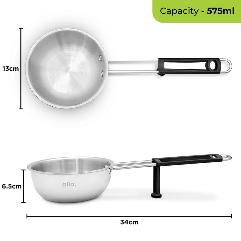Image of Allo TriPly Stainless Steel 13cm Tadka Pan, 575ml, Naturally Non Stick Cookware for Dal, Spice Tempering Seasoning, Long Wire Handle, Induction Base and Gas Stove Ready for Kitchen