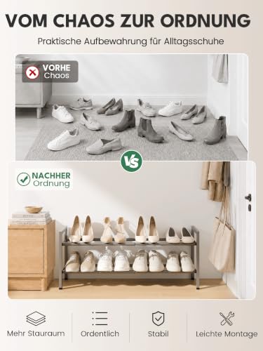 Image of Bumusty 2 Tier Expandable Shoe Rack for Closet, 18 inch-33 inch Adjustable Shoe Rack for Small Space, Small Shoe Organizer for Front Door, Sturdy Metal, Light Grey