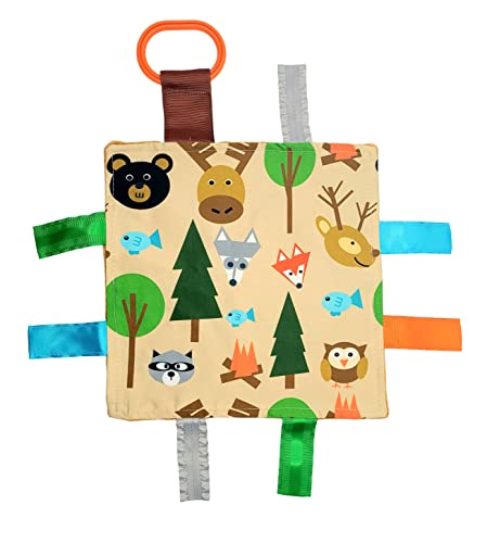 Image of Baby Sensory Crinkle & Teething Square Lovey Toy with Closed Ribbon Tags for Increased Stimulation: 8"X8" (Forest Animals)