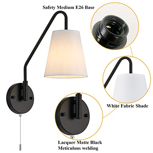 Image of PASSICA DECOR Hardwired Wall Sconces Set of Two 2 Pack with Pull Chain ON Off Matte Black Swing Arm Lighting Modern Vintage Lamp Industrial White Fabric Wall Light for Bedroom Farmhouse Living Room