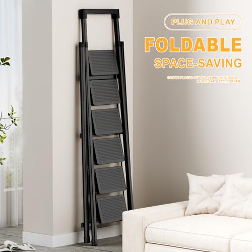 Image of 6 Step Ladder with Platform,Folding Step Stool Heavy Duty,Protable Step Ladders with Anti-Slip Widen Pedals,Handrail,Safe-Lock Design,Tall Kitchen /Closet Step Ladder for Adults