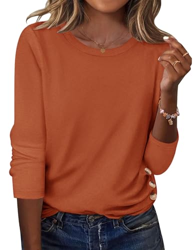 Zeagoo 2025 Fall Fashion Clothes Long Sleeve T Shirts for Women Basic Tunic Tops to Wear with Leggings L Caramel