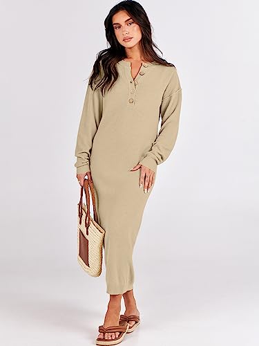 Image of ANRABESS Women Long Sleeve Button V Neck Oversized Casual Loose Fit Waffle Knit Fall Midi Sweater Dress 2026 Trendy Outfits