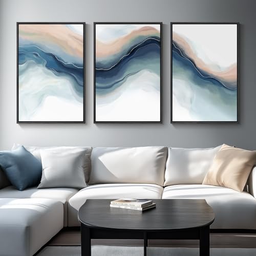 Large Framed Blue Abstract Landscape Wall Art for Living Room,