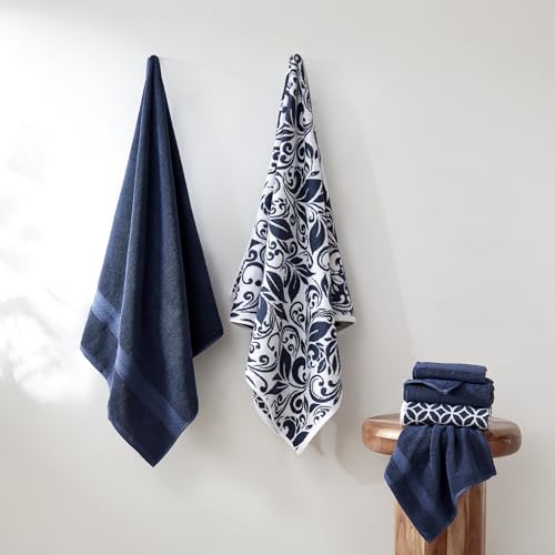 Amrapur Overseas | Trefoil Filigree 6 Piece Reversible Yarn Dyed Jacquard Towel Set (Indigo), 13" x 13"