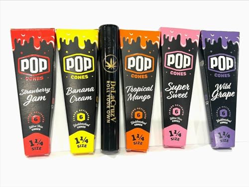 Pop Cones Flavored cones 1 1/4 (Super Sweet Straberry Jam Banana Cream Tropical Mango Wild Grape) 5 packs of 6 cones with DeLaCuzV Tube.