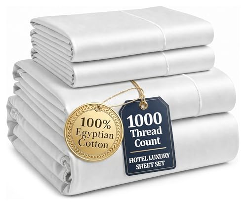 100% Egyptian Cotton Sheets King Size - 1000 Thread Count Silky Sateen King Size Sheets Set, Naturally Cooling & Breathable, Ultra-Soft Hotel Luxury Sheets with 15' Snug Fit Deep Pockets - White