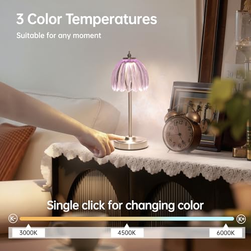 Image of Shenmoyl Tulip Table Lamp with 5200mAh Battery & Touch Control, Cordless Small Table Lamp with 3 Colors, Dimmable Rechargeable Table Lamps for Living Room, Bedroom, Desk, Bedside (Clear Purple Tulip)