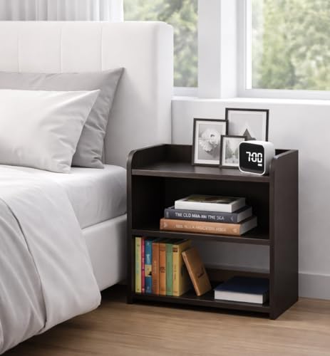 FireBees Modern Wooden Bedside Table with 3 Shelves | Compact Side Table for Bedroom & Living Room | Bed Side Table Organizer, End Table & Home Furniture | Dark Brown (40.6x25.4x50.8 cm)