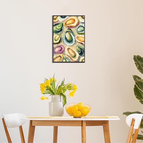 Image of Colorful Beachy Shell Canvas Wall Art Funny Coastal Oyster Shell Poster Abstract Summer Seaside Beach House Prints Painting For Home Living Room Kitchen Restaurant Wall Decor 8x12in Framed