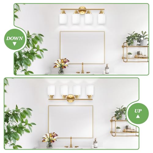 Image of 4-Light Vanity Lights, Brushed Gold Bathroom Light Fixture with Striped Textured Milky White Glass Shade, Modern Vanity Lighting Fixture for Bathroom Wall Light Over Mirror, E26 Wall Sconce